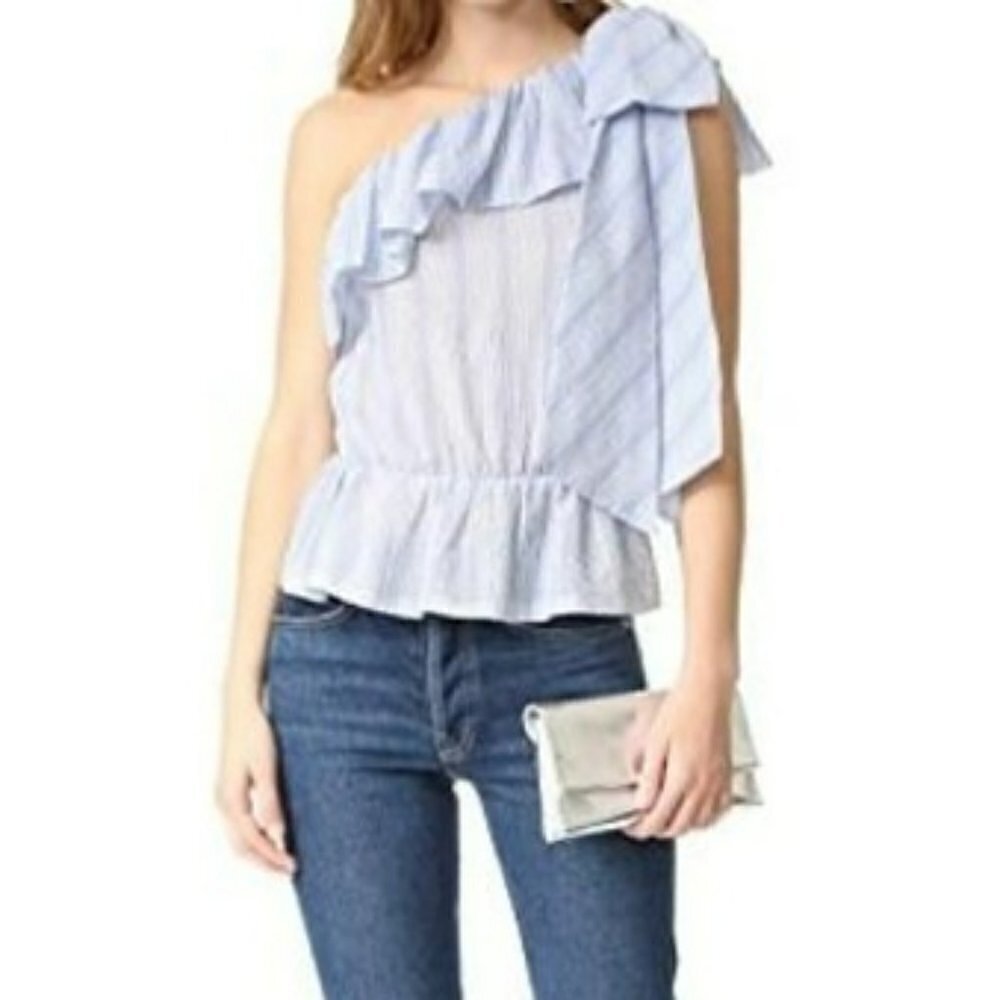 Jill Stuart Luxury Flounce Peplum‎ Bow One Shoulder Light Gray Stripped top s6